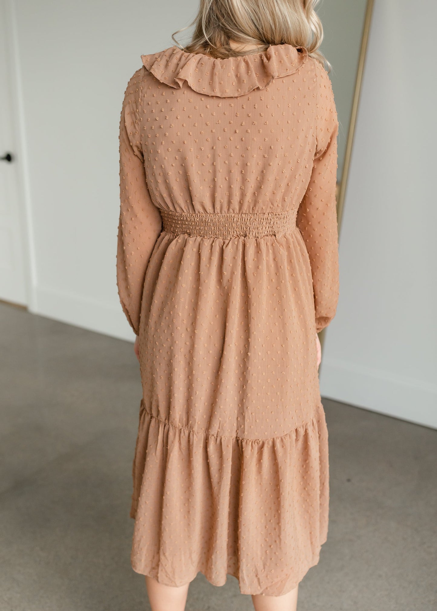 Swiss Dot Midi Dress With Ruffle Detail Dresses Polagram & BaeVely
