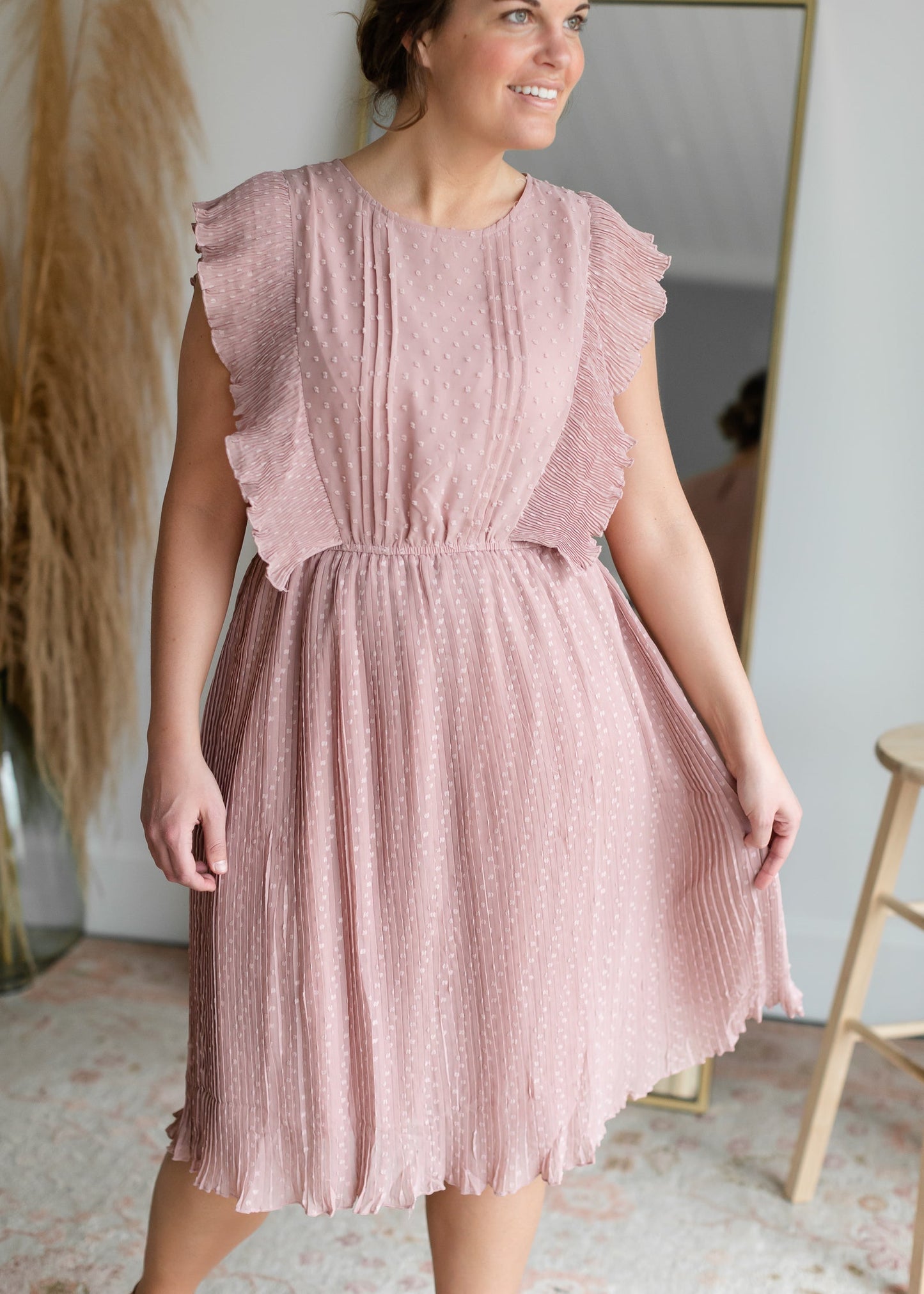 Swiss Dot Ruffle Sleeve Pleated Midi Dress Dresses Hailey & Co
