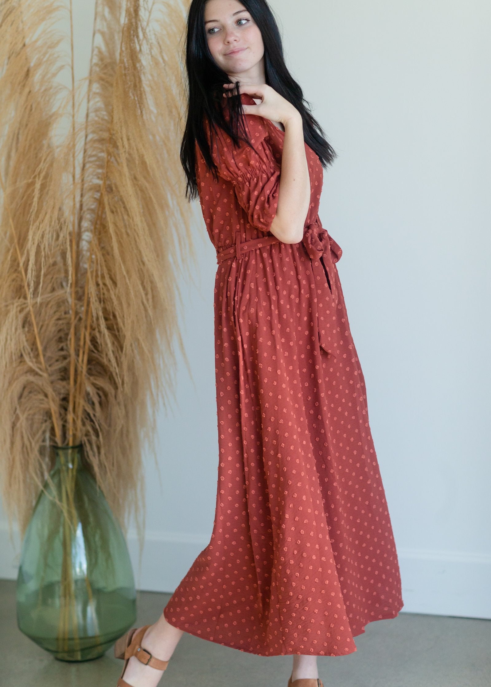 Swiss Dot Tie Waist Maxi Dress Dresses Orange Creek/Tea N Rose