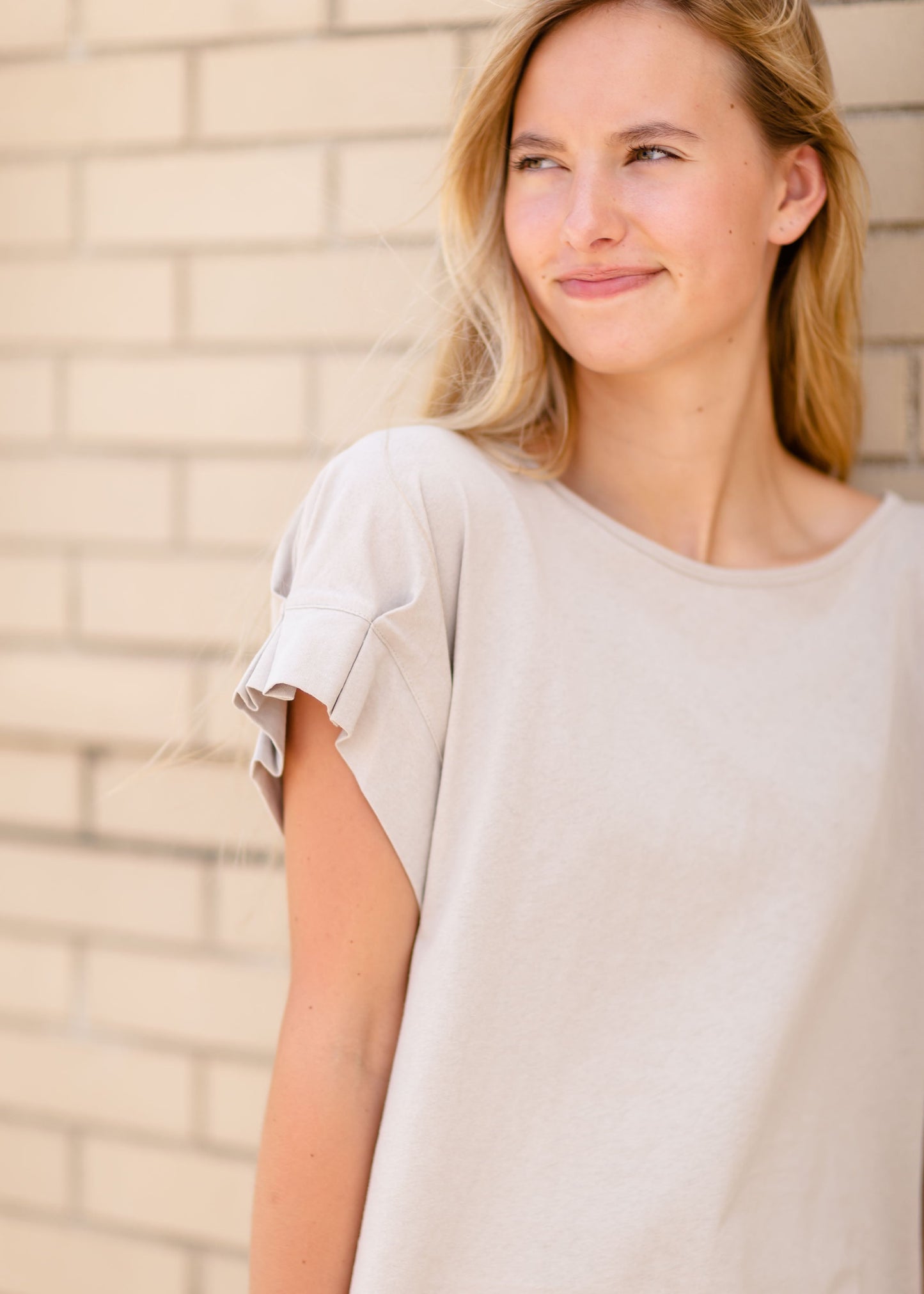 Tan Pleated Sleeve Round Neck Top Tops