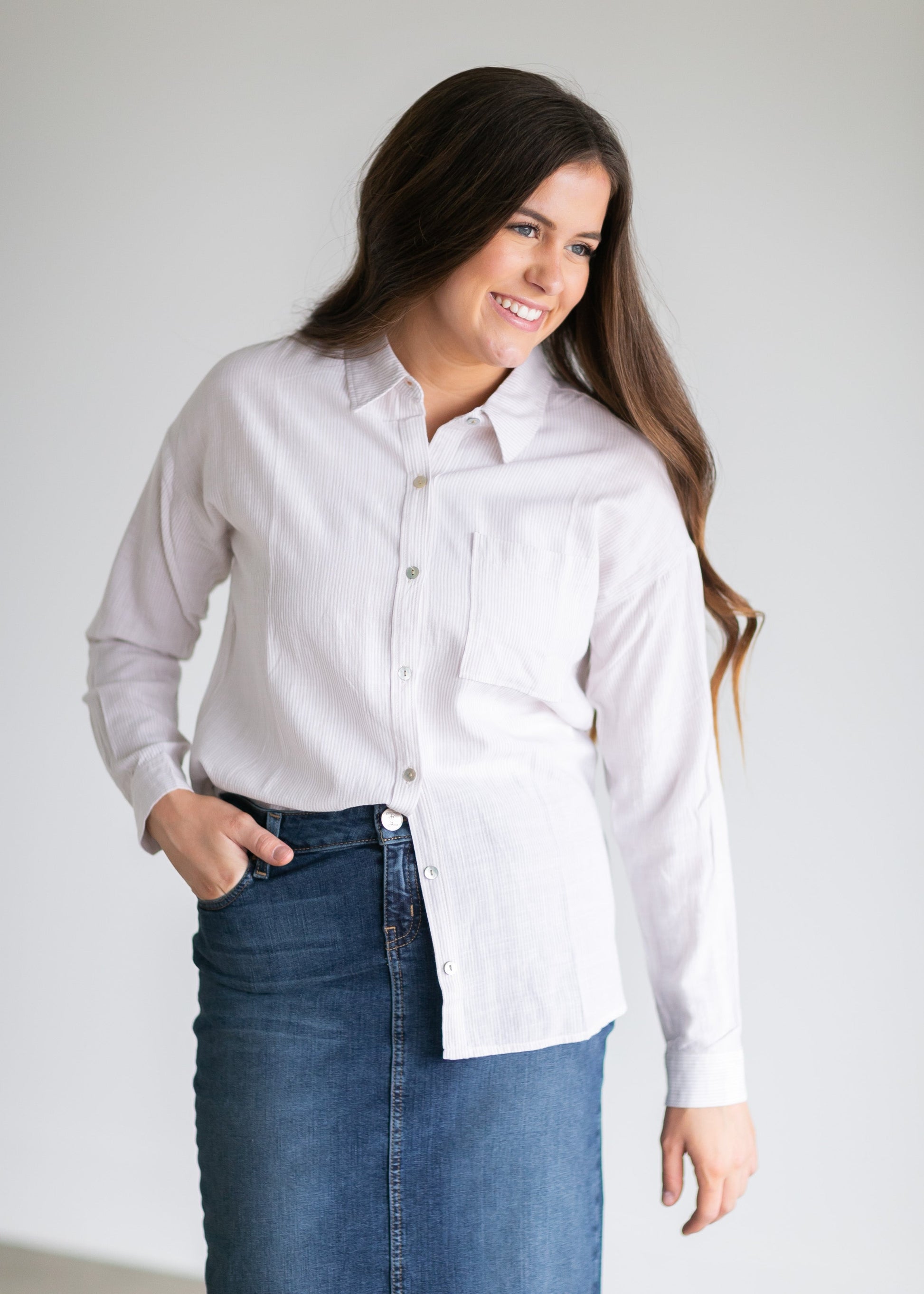 Tan Striped Button-Down Oversized Top Tops