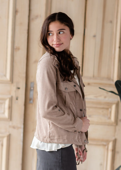 Taupe Cropped Utility Jacket Shirt Be Cool