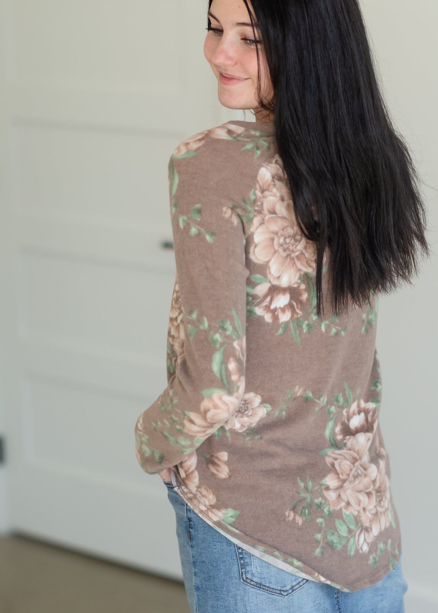 Taupe Floral Long Sleeve Hacci Knit Top Tops BOM BOM