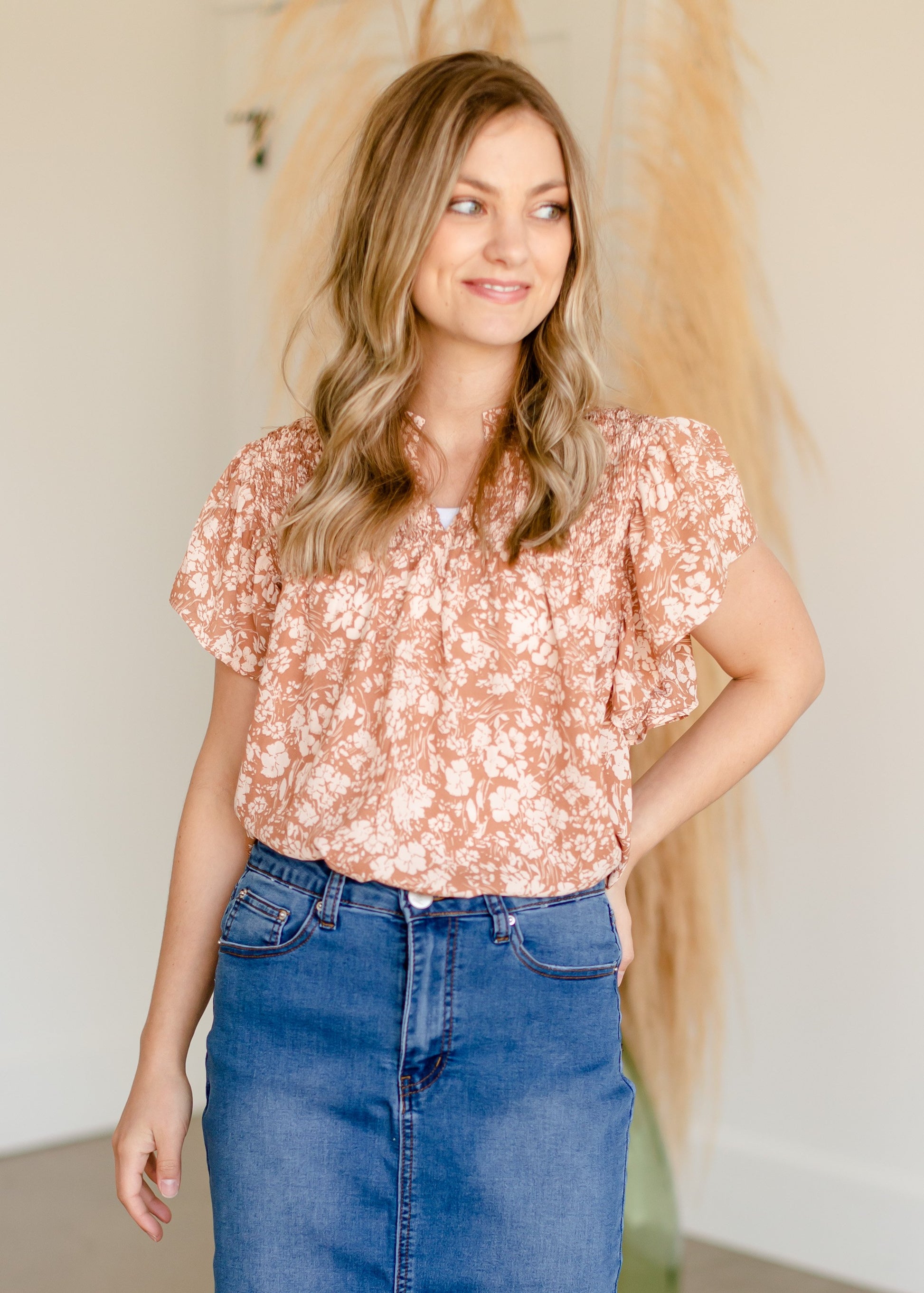 Taupe Floral Ruffle Printed Top Tops VOY