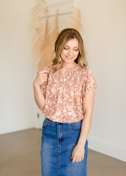 Taupe Floral Ruffle Printed Top Tops VOY