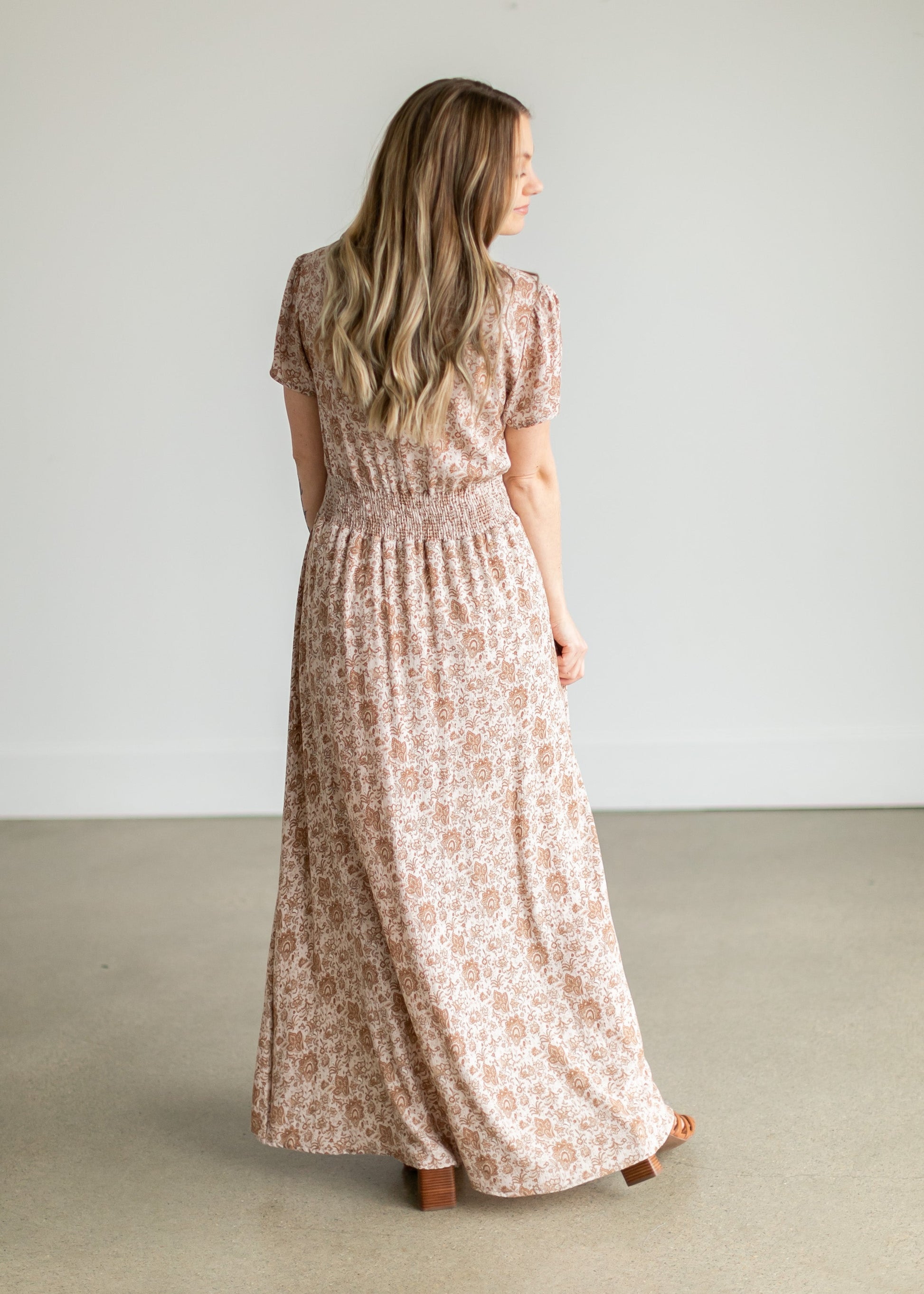 Taupe Floral Smocking Waist Maxi Dress Dresses