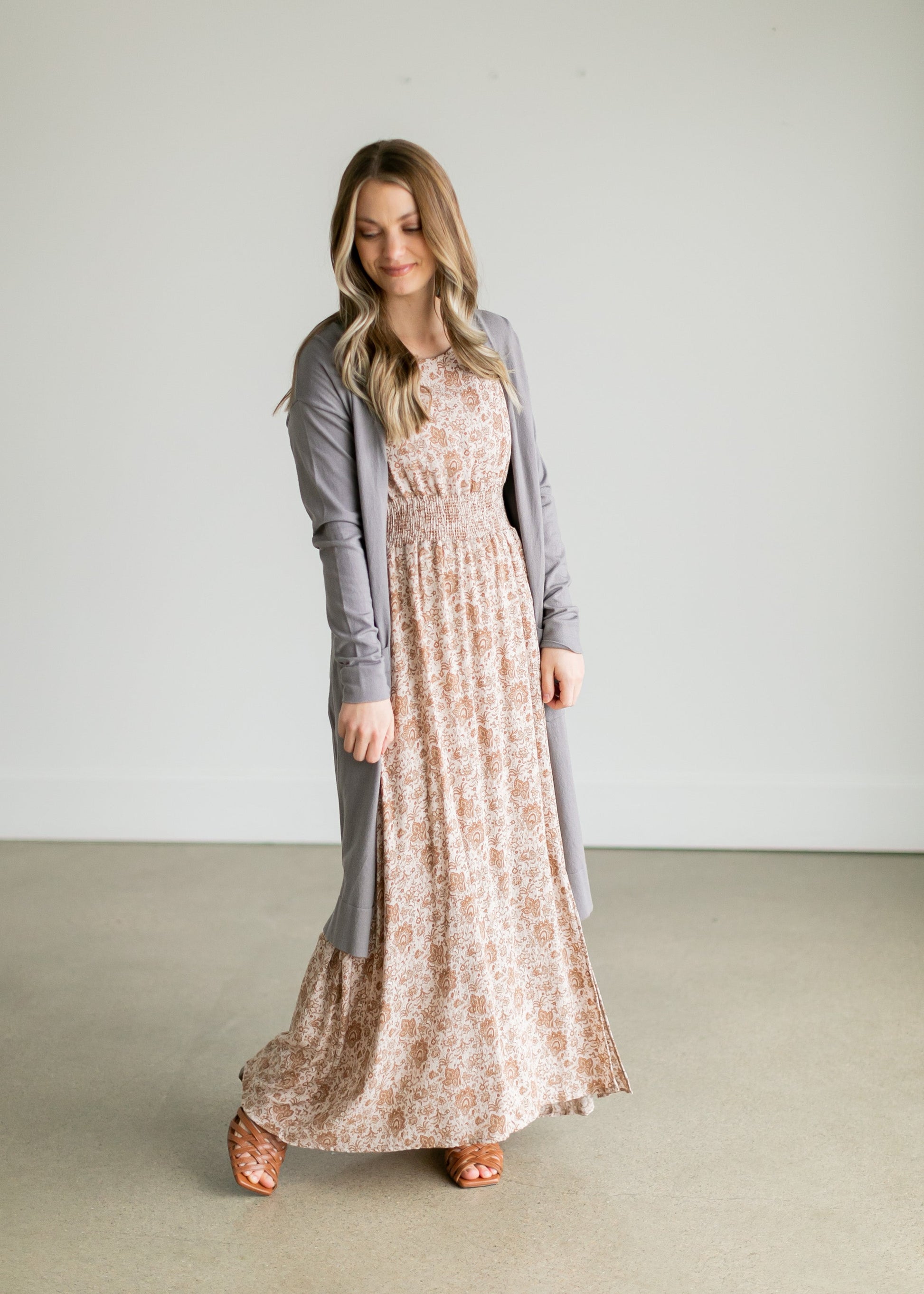 Taupe Floral Smocking Waist Maxi Dress Dresses