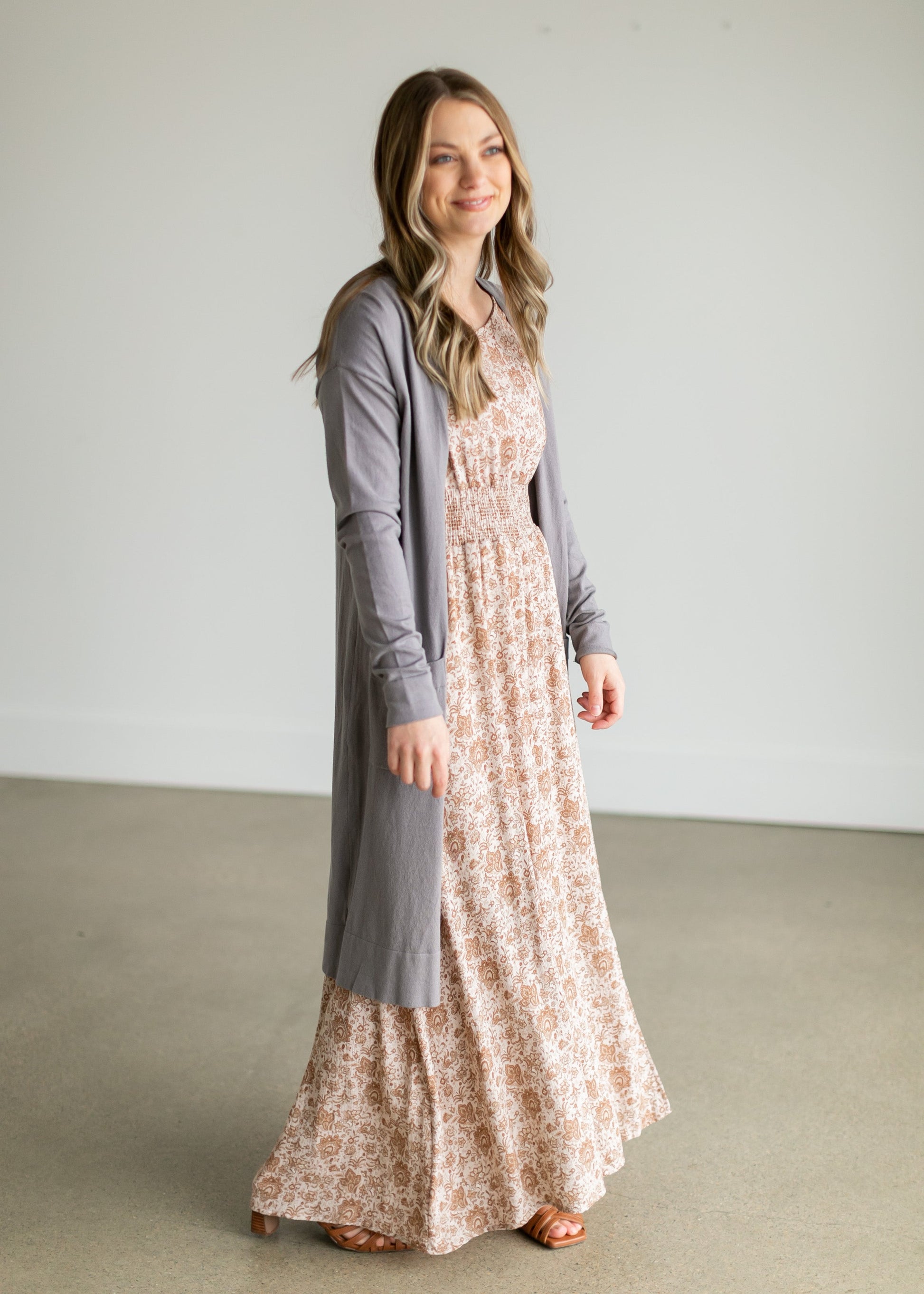 Taupe Floral Smocking Waist Maxi Dress Dresses