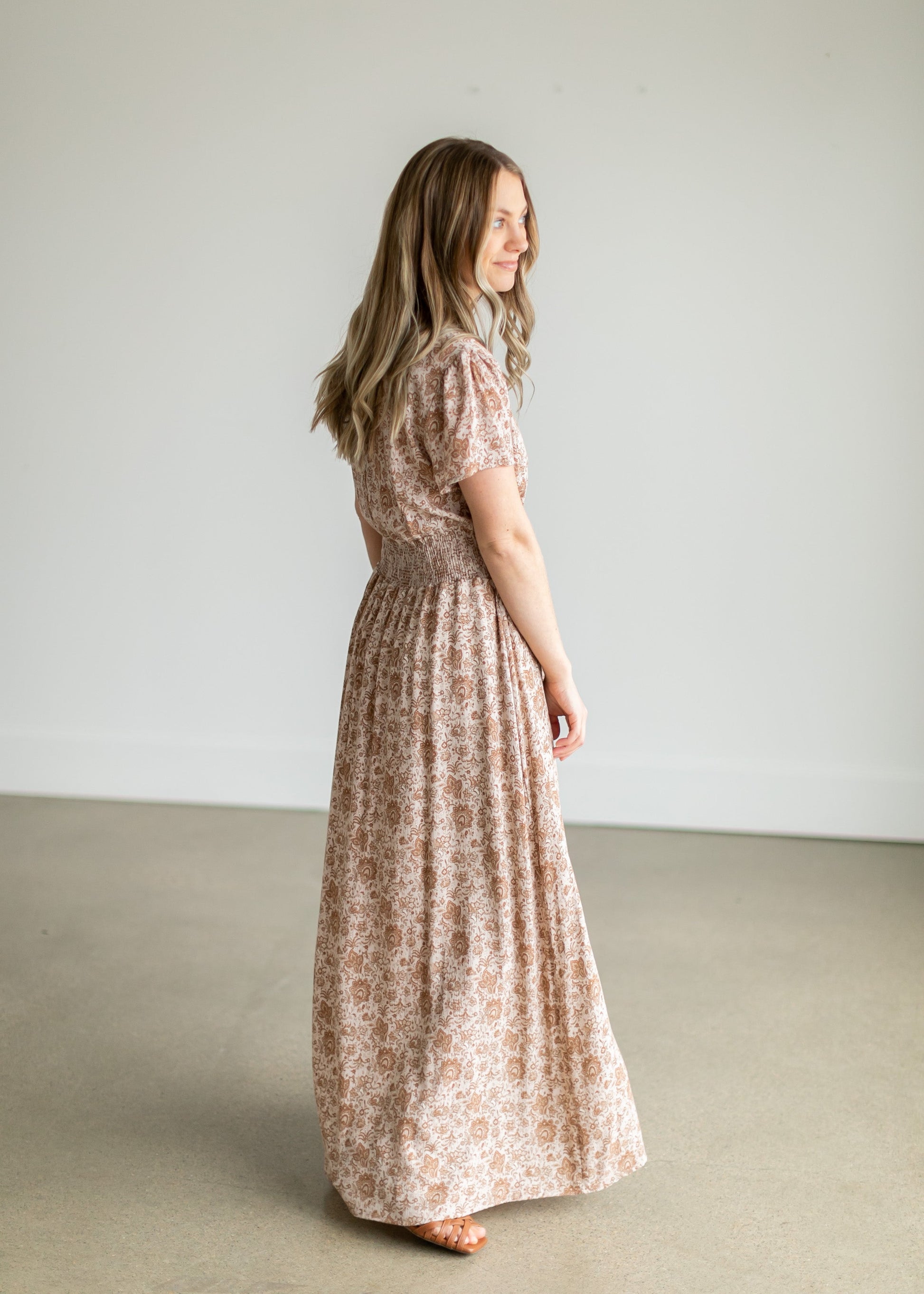 Taupe Floral Smocking Waist Maxi Dress Dresses