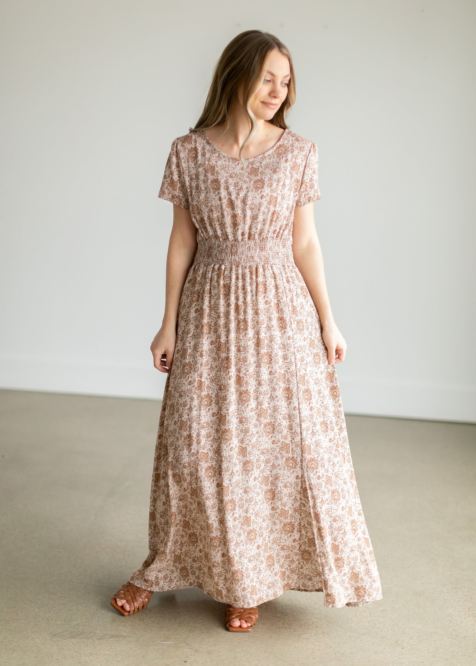 Taupe Floral Smocking Waist Maxi Dress Dresses