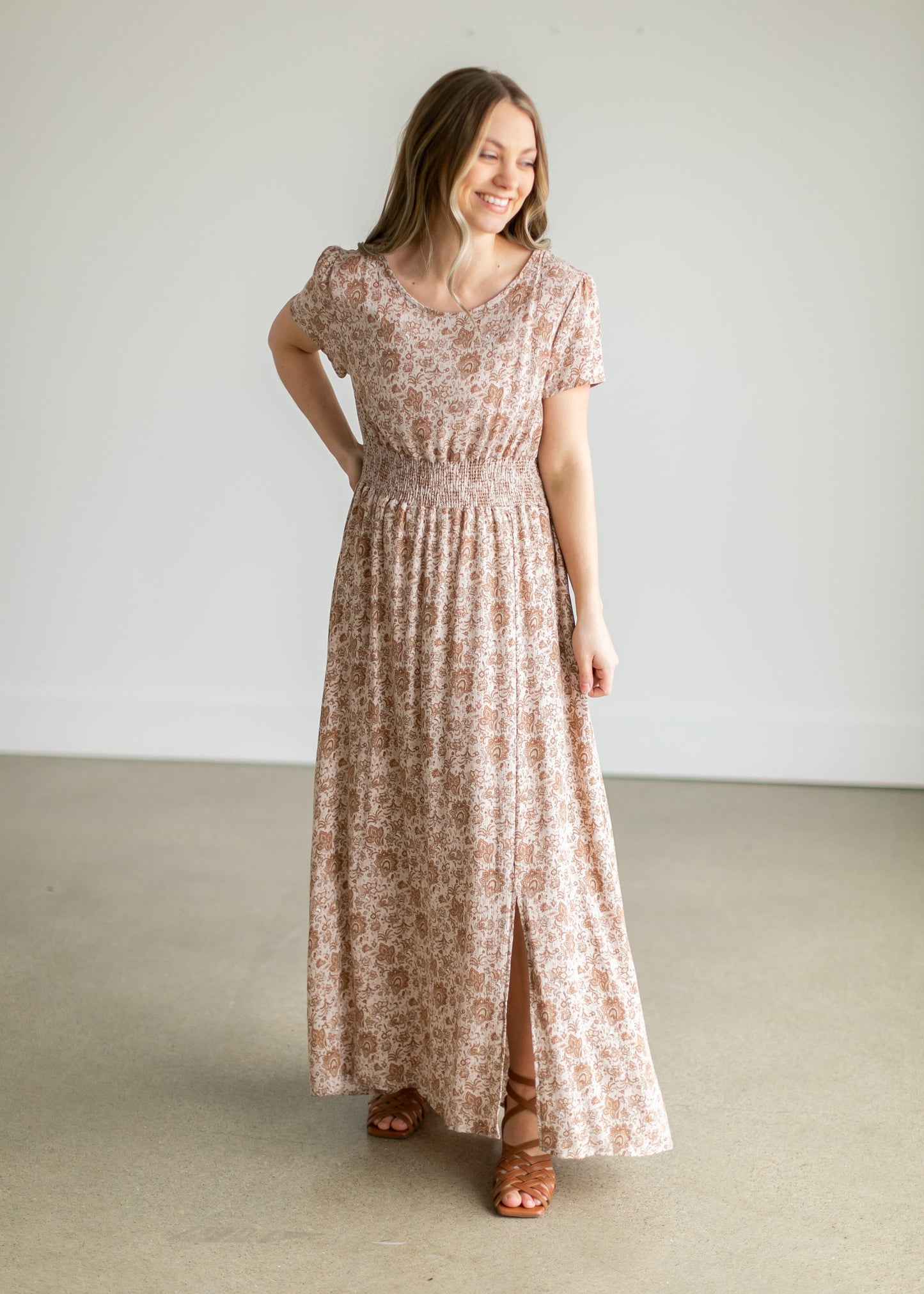 Taupe Floral Smocking Waist Maxi Dress Dresses