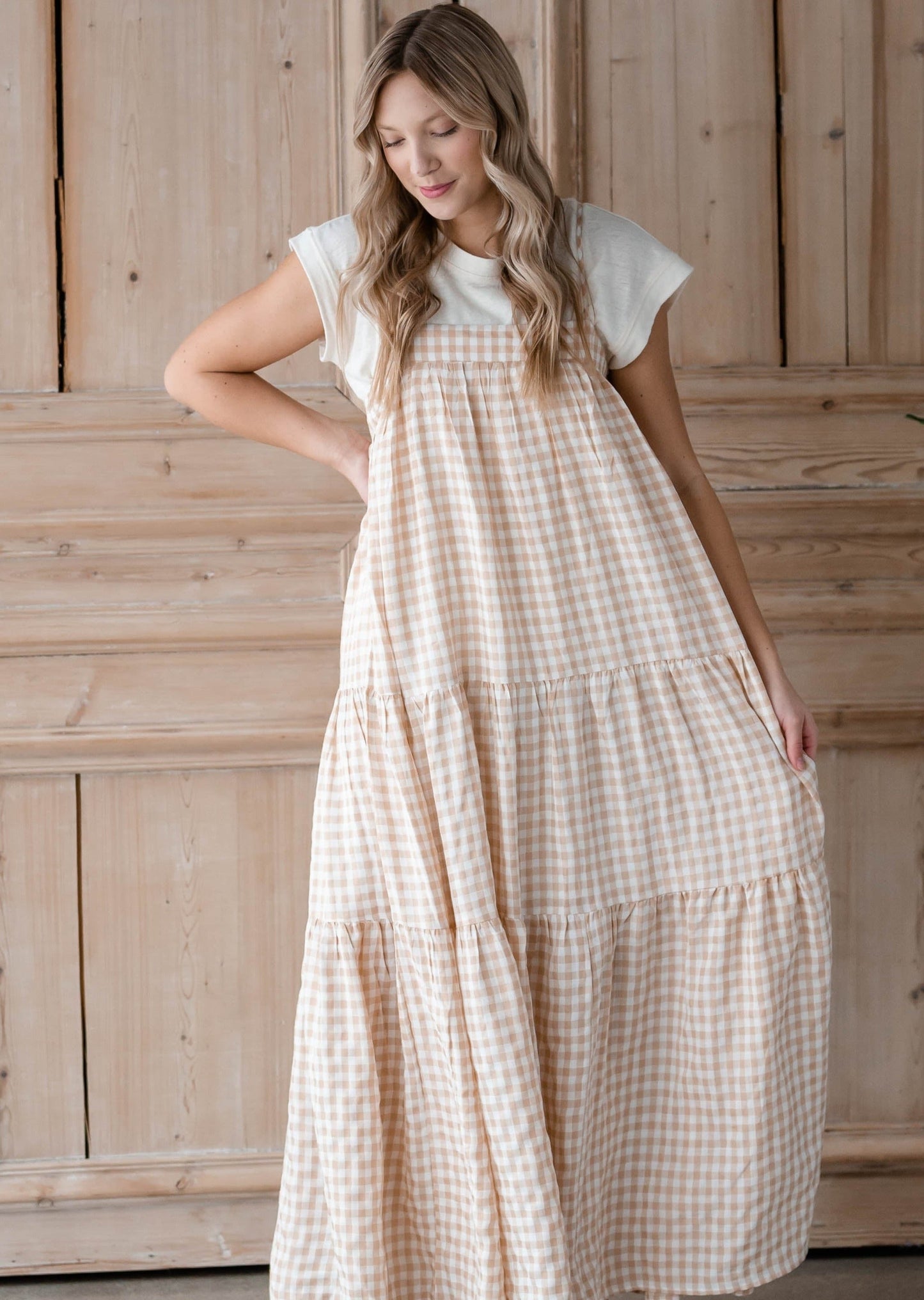 Taupe Gingham Sleeveless Tiered Maxi Dress Dresses By Together