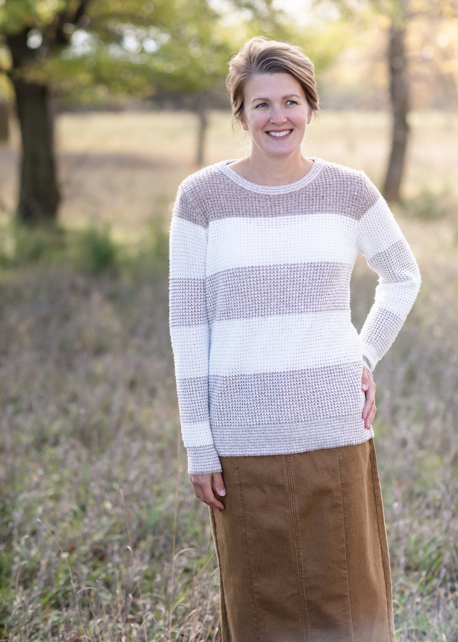 Taupe + Ivory Stripe Waffle Knit Sweater - FINAL SALE Tops Staccato
