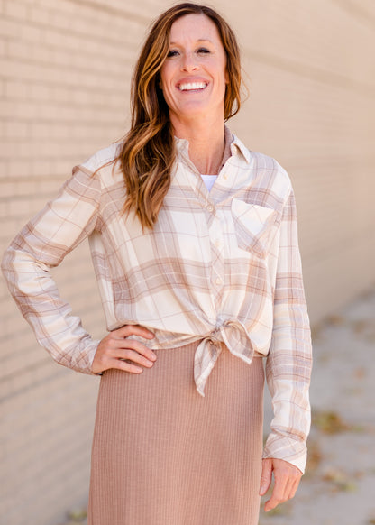 Taupe Plaid Button Front Flannel Top Tops Thread & Supply