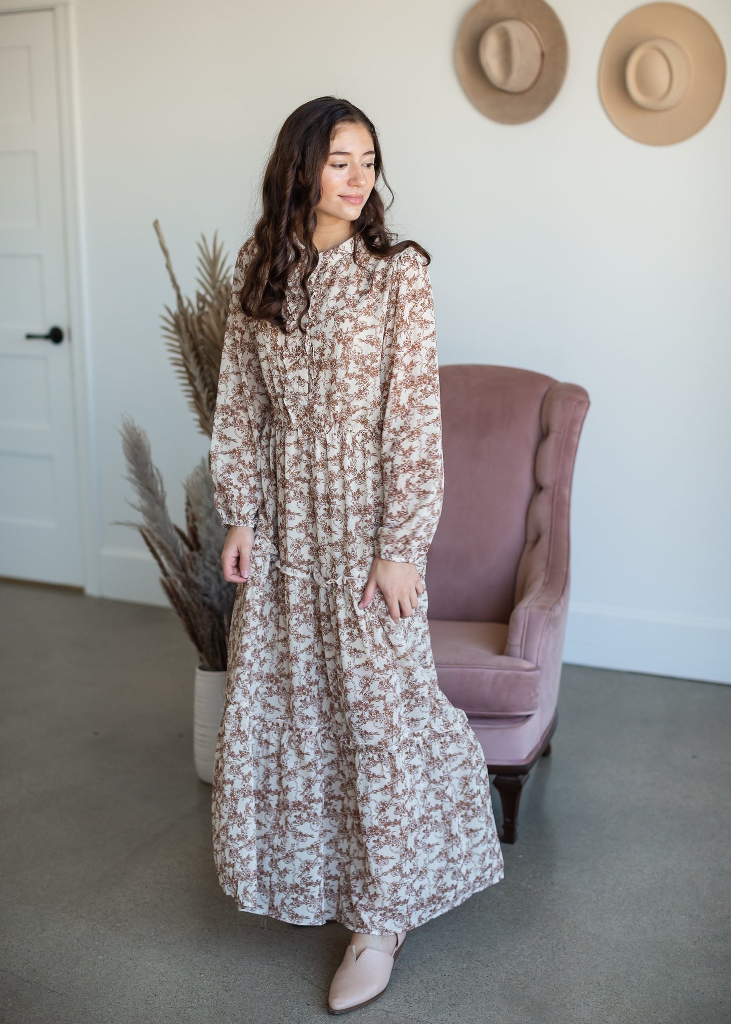 Taupe Ruffle Button Up Floral Chiffon Maxi Dress Dresses Hayden