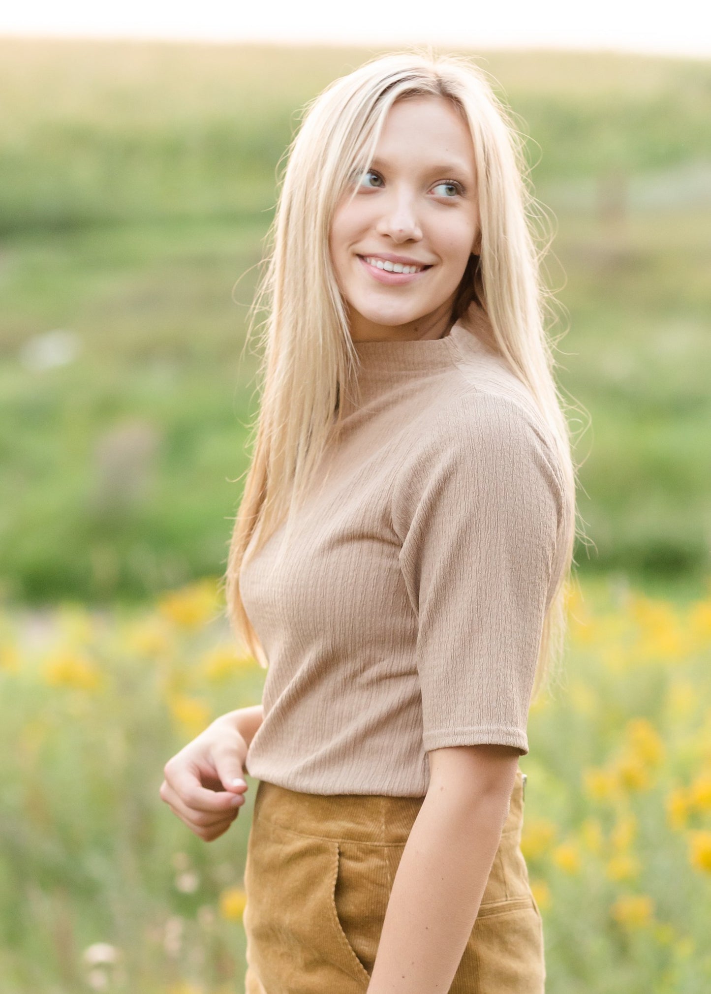 Textured Half Sleeve Mock Neck Top Tops Grade & Gather