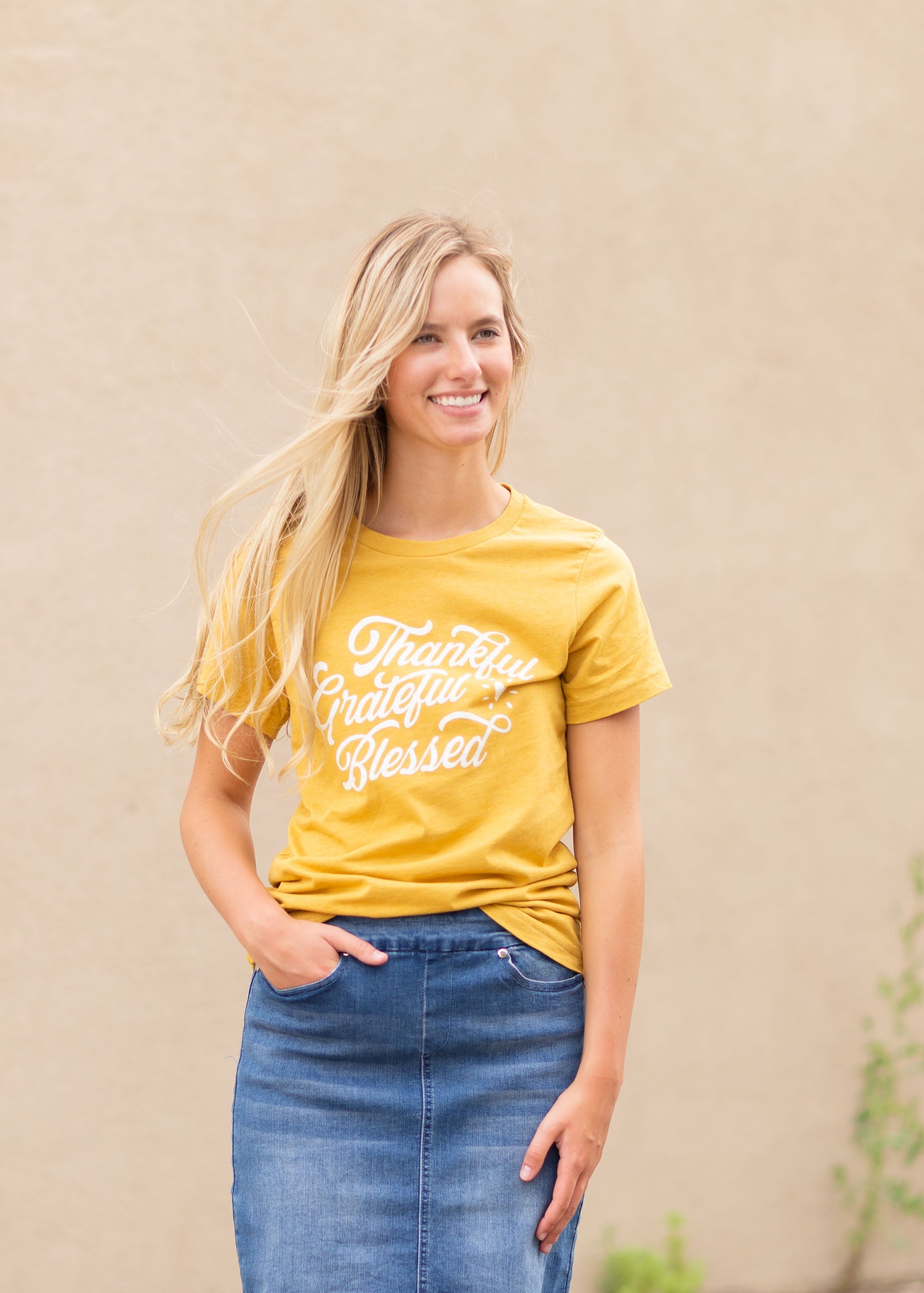 Thankful Grateful Blessed Graphic Tee Tops Mustard / S