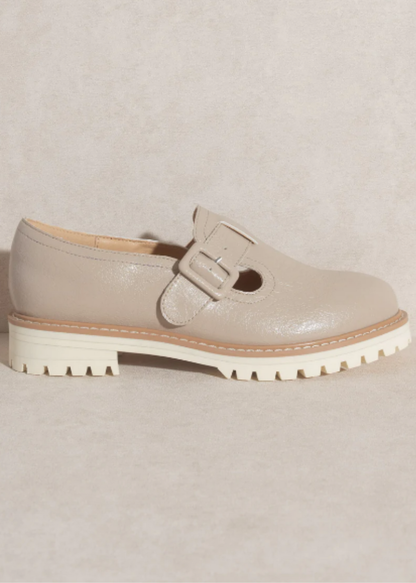 The Amelia Taupe Buckle Strap Loafers Shoes