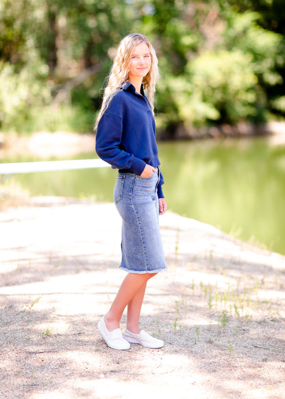 The Peyton Light Wash Basic Midi Skirt Skirts