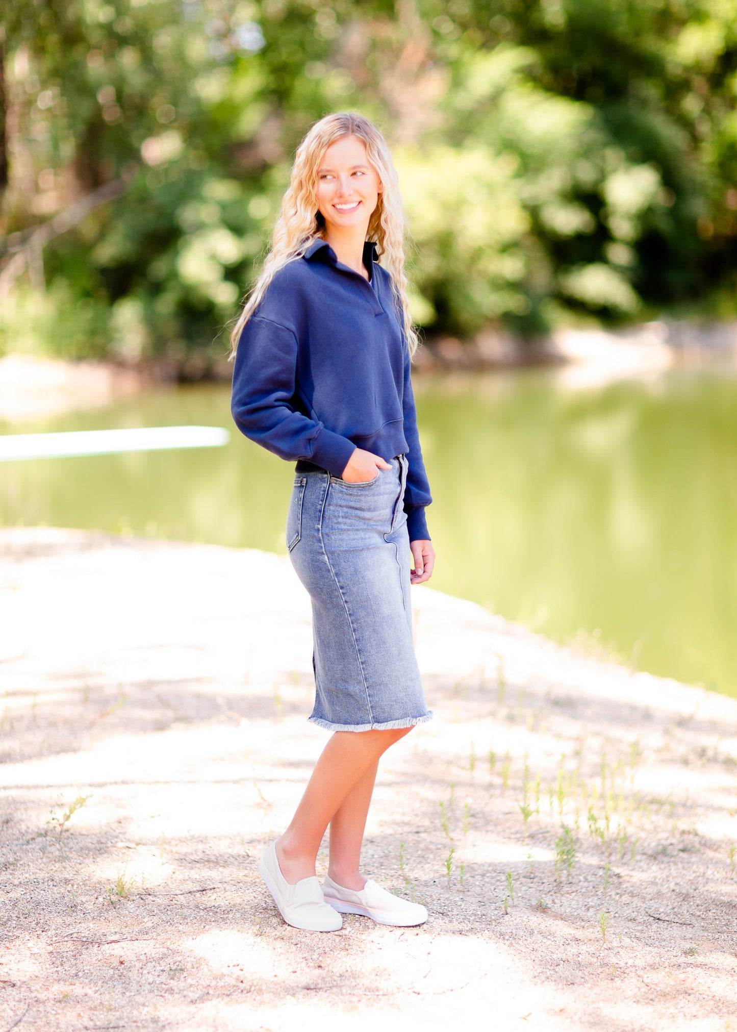 The Peyton Light Wash Basic Midi Skirt Skirts