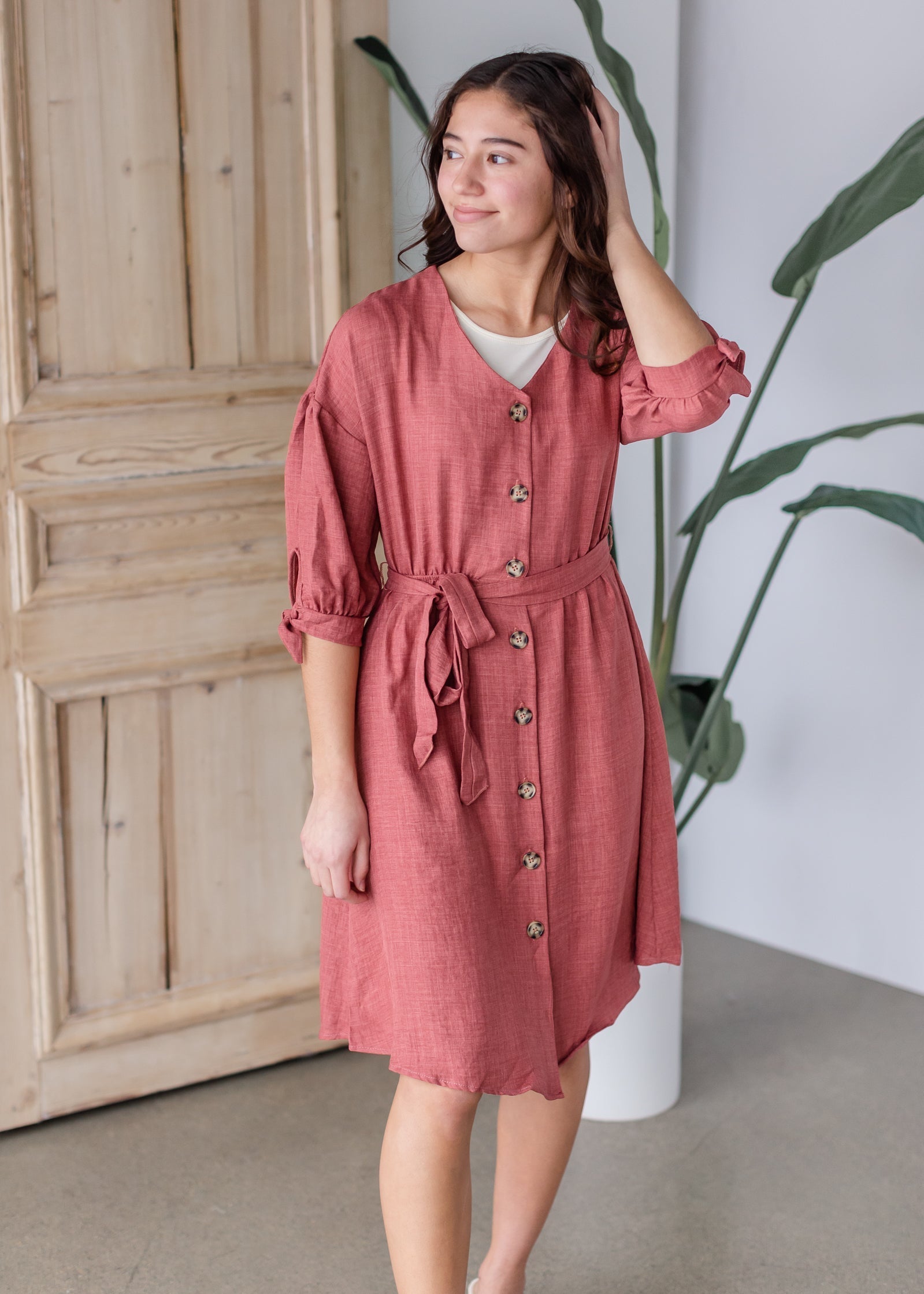 Tie Sleeve Button Up Belted Midi Dress Dresses Hailey & Co