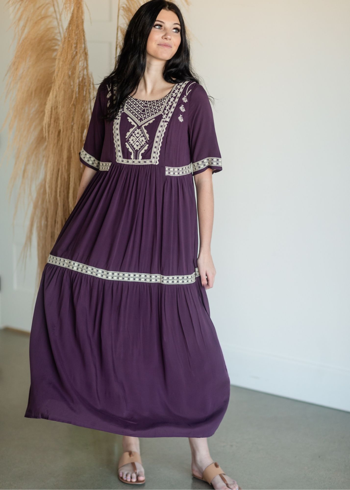 Tiered Embroidered Half Sleeve Maxi Dress Dresses Tea & Rose Plum / S