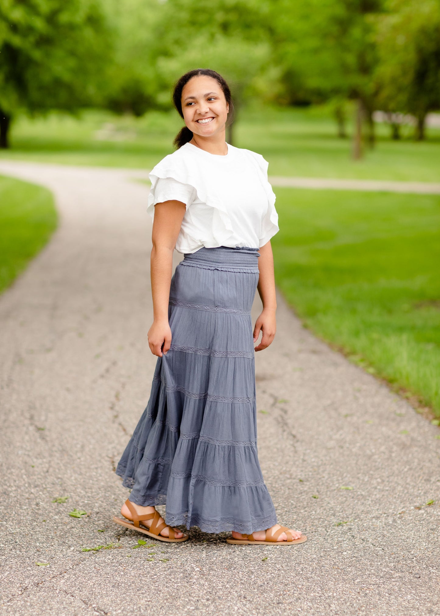 Tiered Lace Accent Maxi Skirt Skirts