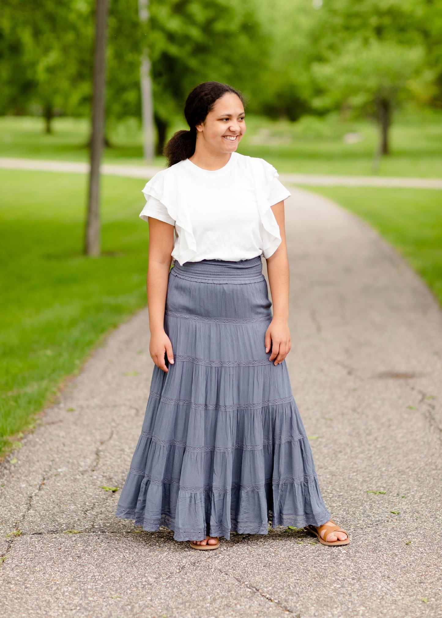 Tiered Lace Accent Maxi Skirt Skirts Blue / S