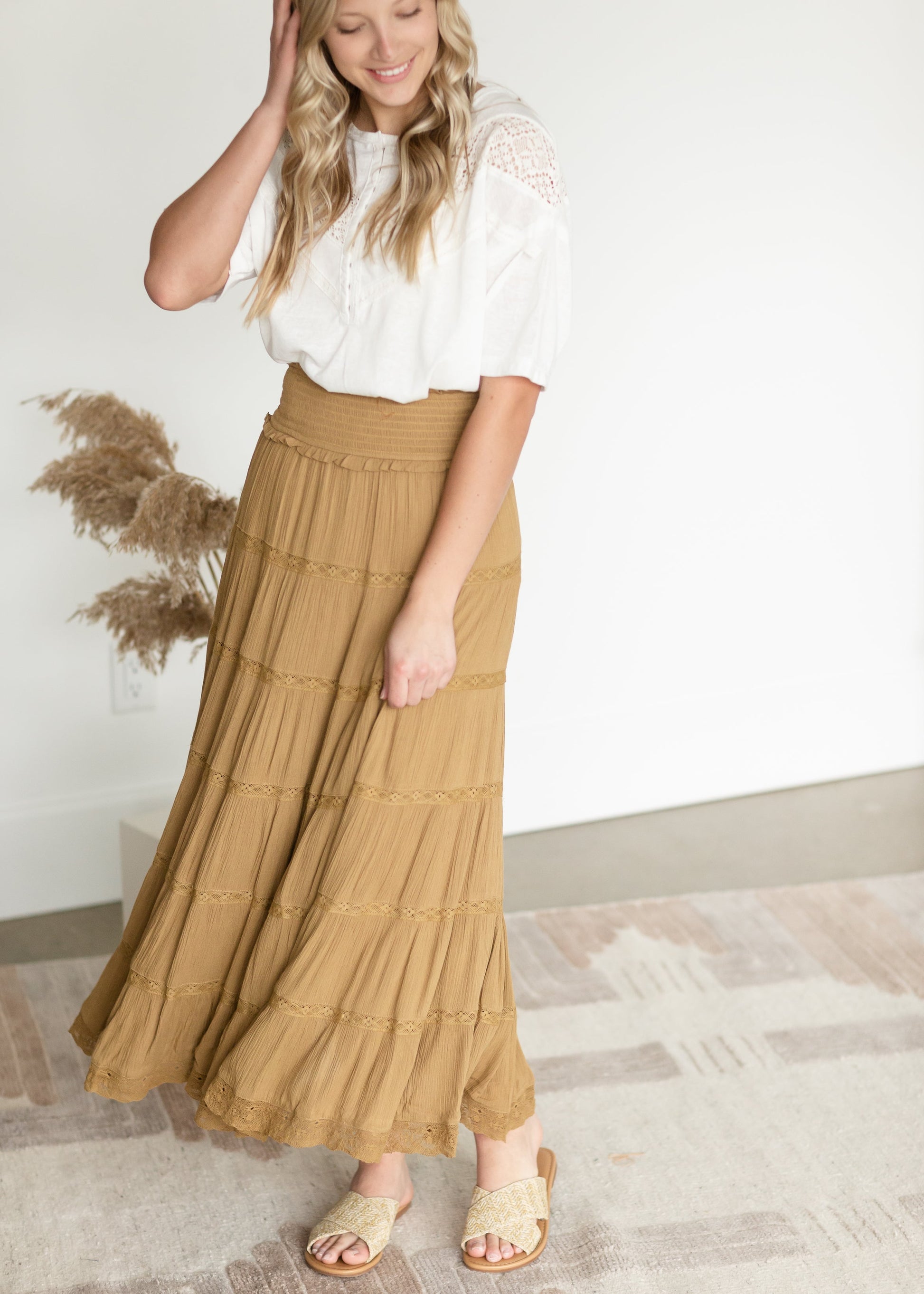 Tiered Lace Accent Maxi Skirt Skirts Mustard / S