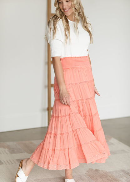 Tiered Lace Accent Maxi Skirt Skirts Salmon / S