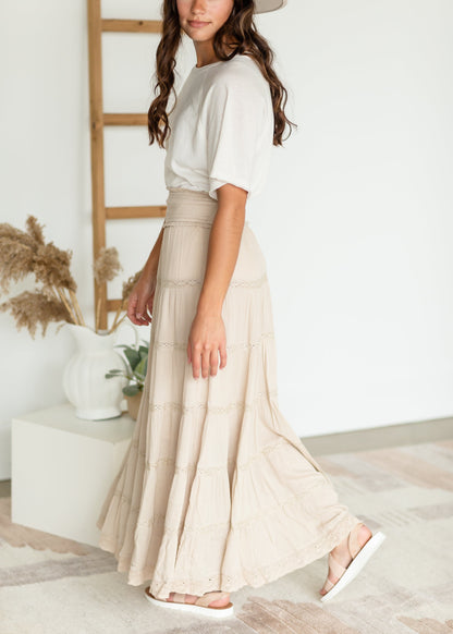 Tiered Lace Accent Maxi Skirt Skirts Sand / S