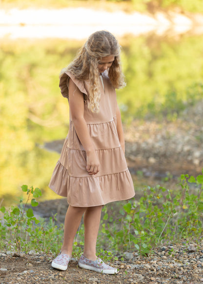 Tiered Ruffle Sleeve Leather Dress Dresses Brown / XS