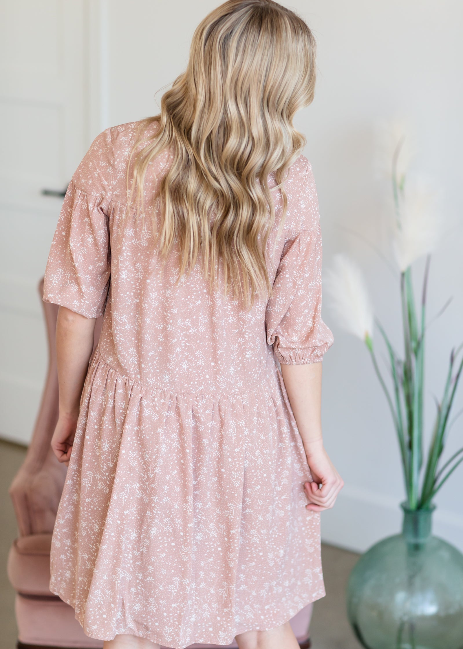 Tiered Tiny Floral Pink Midi Dress Dresses Mikarose