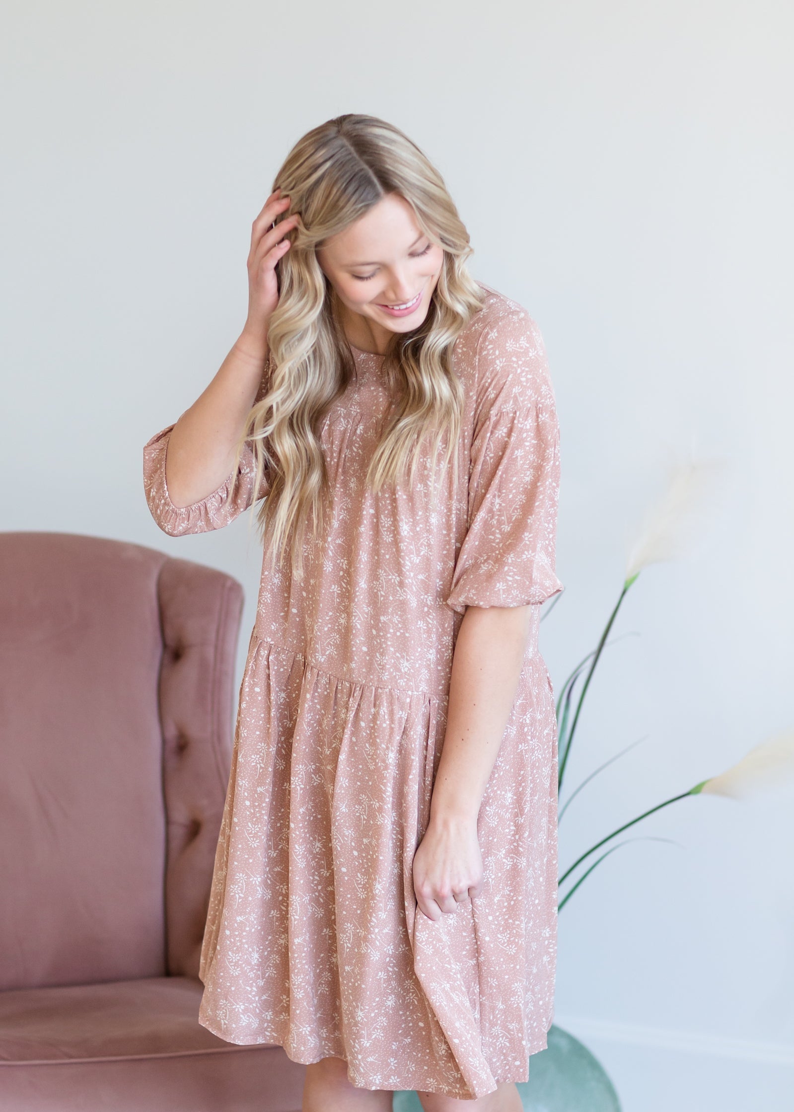 Tiered Tiny Floral Pink Midi Dress Dresses Mikarose