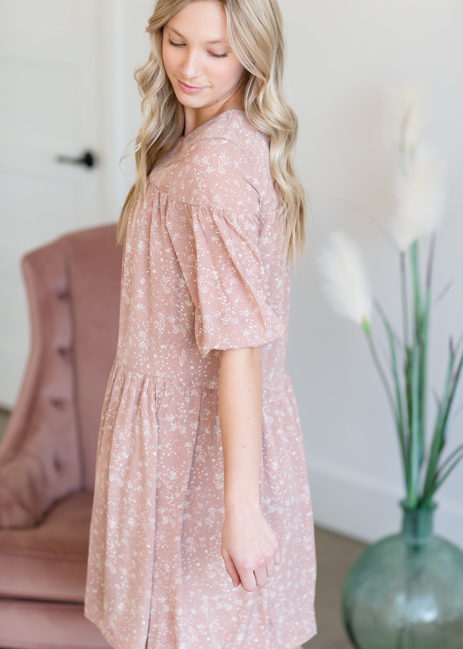 Tiered Tiny Floral Pink Midi Dress Dresses Mikarose
