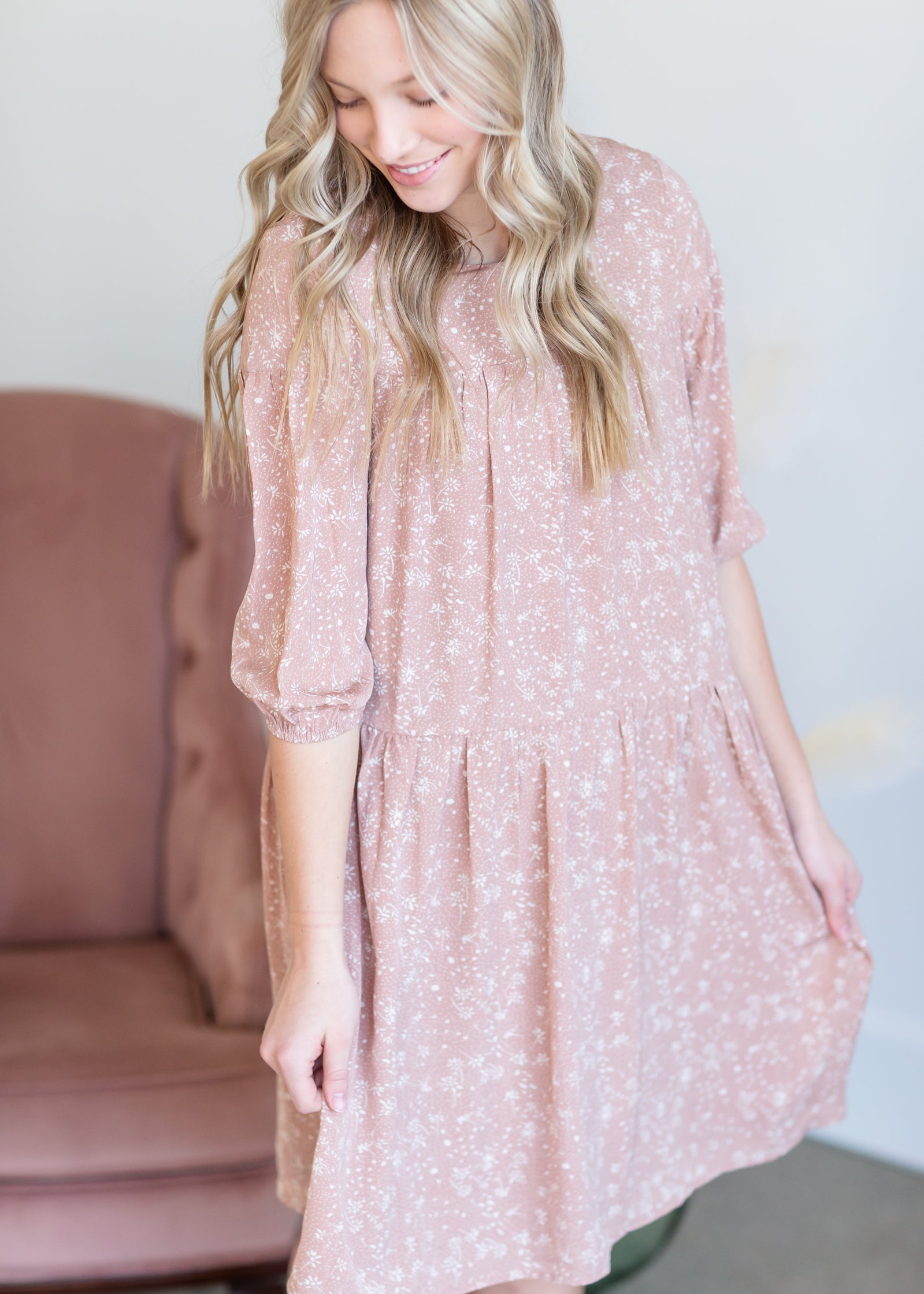 Tiered Tiny Floral Pink Midi Dress Dresses Mikarose
