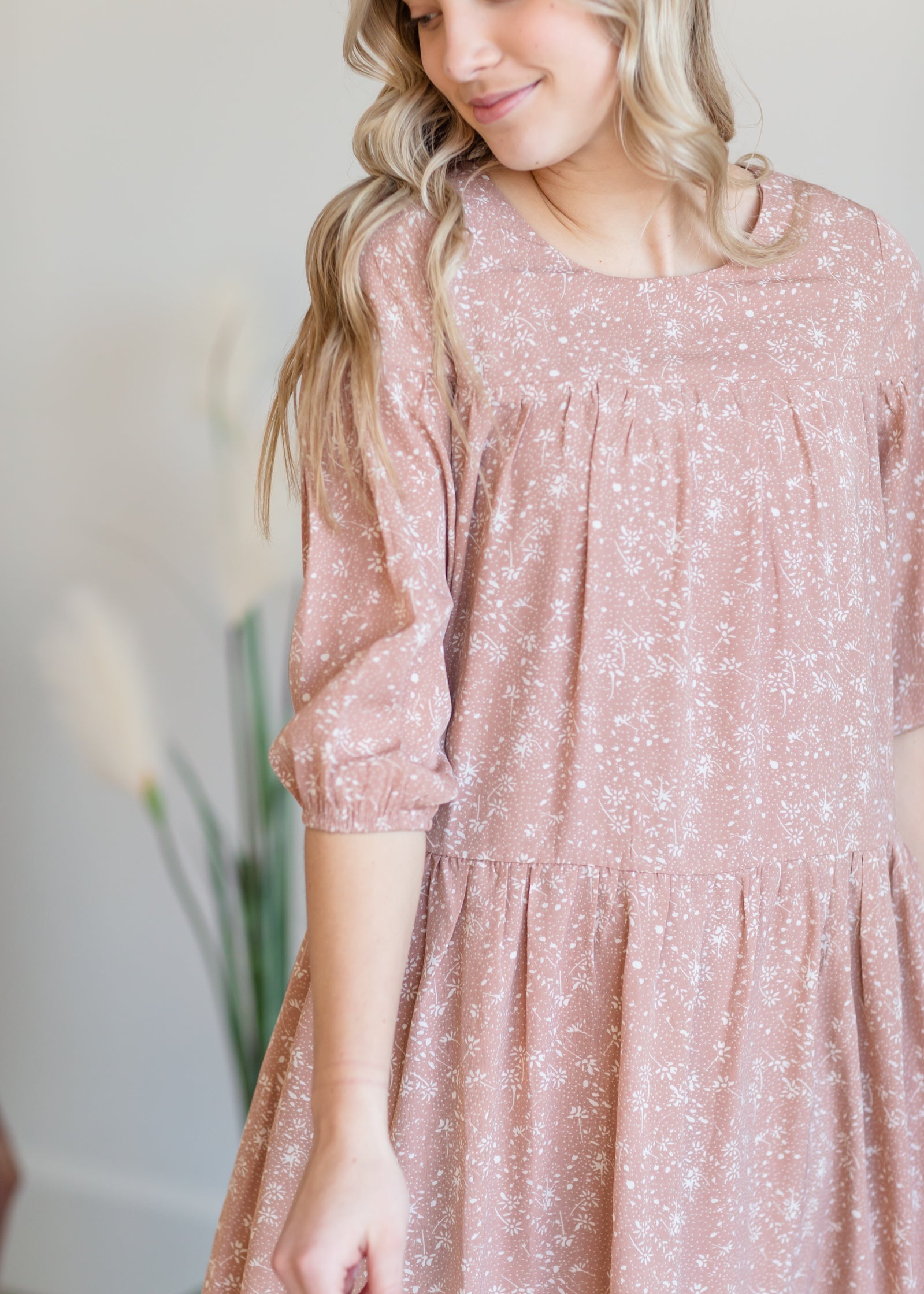 Tiered Tiny Floral Pink Midi Dress Dresses Mikarose