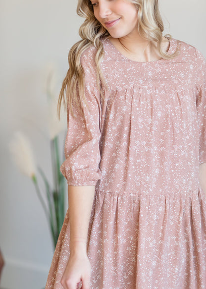 Tiered Tiny Floral Pink Midi Dress Dresses Mikarose