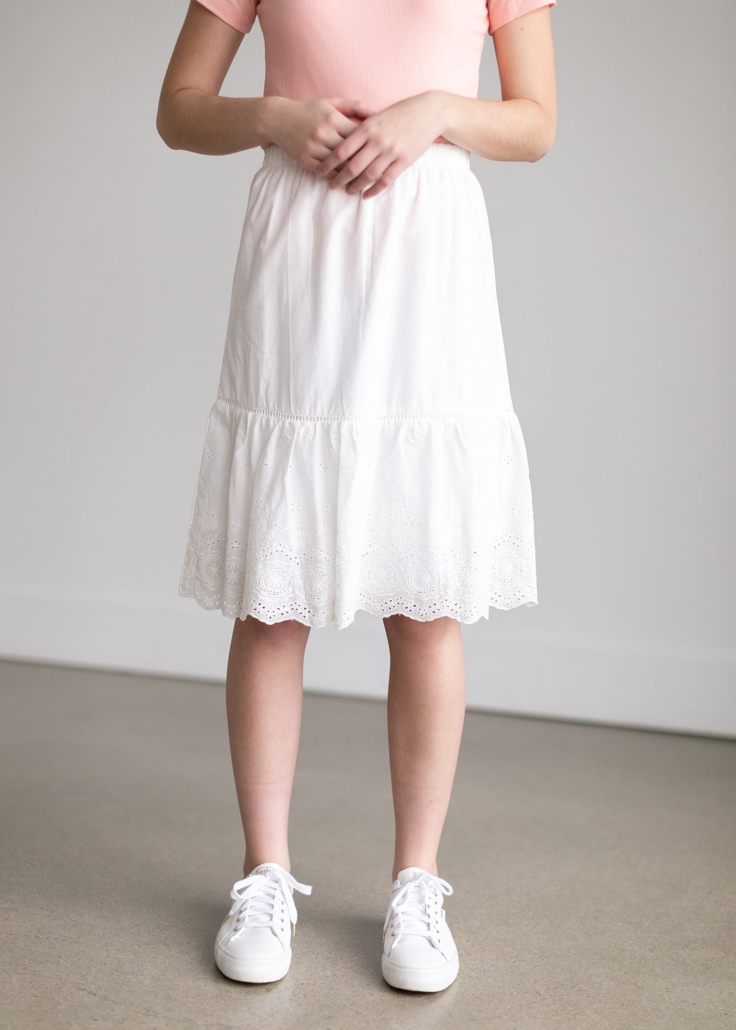 Tiered White Eyelet Midi Skirt Skirts