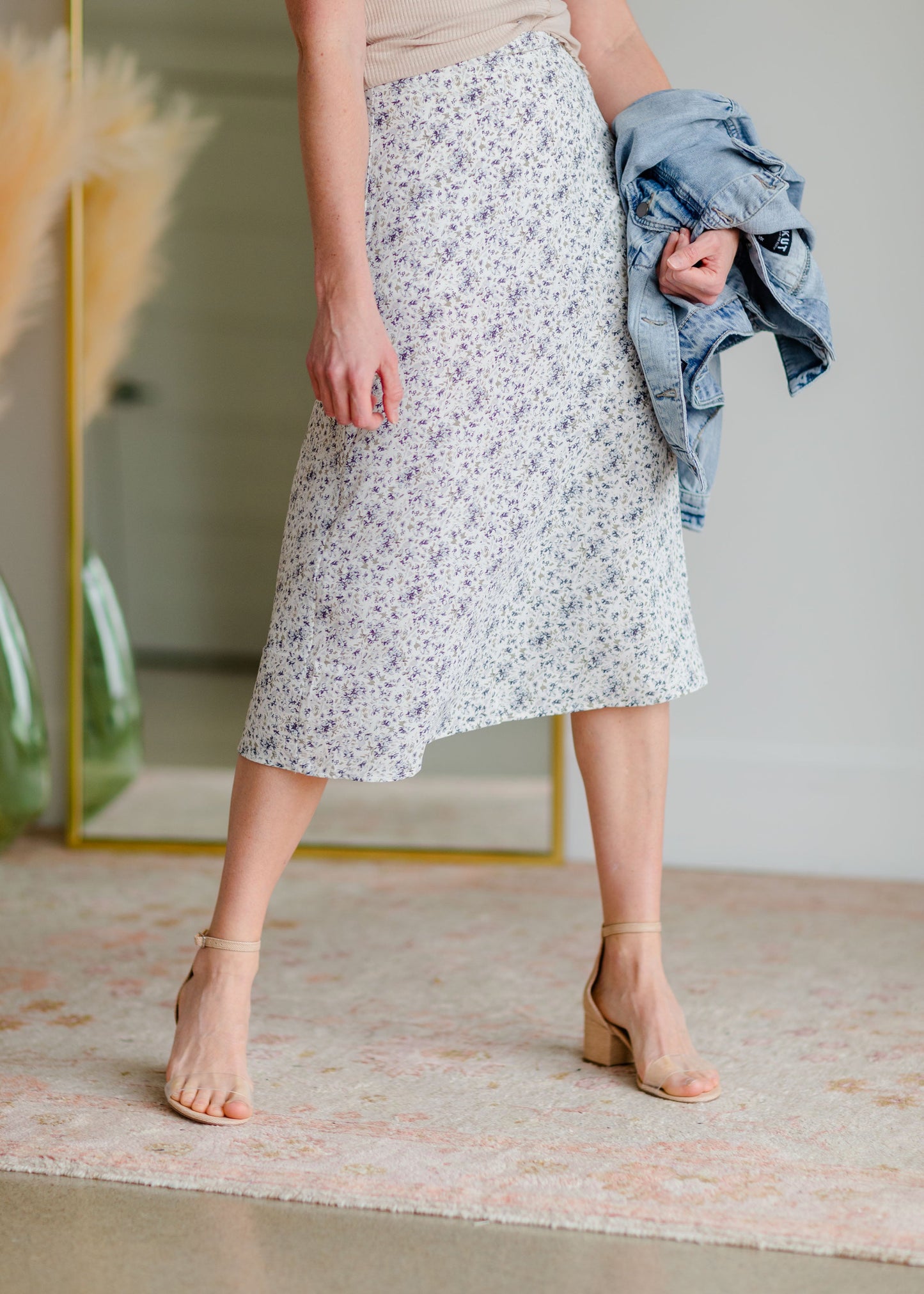 Tiny Floral Print Midi Skirt Skirts Grade & Gather Blue / S