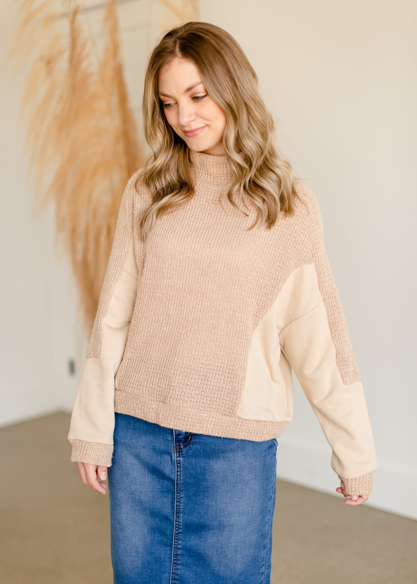 Turtle Neck Color Block Knit Long Sleeve Top - FINAL SALE Tops Paper Crane