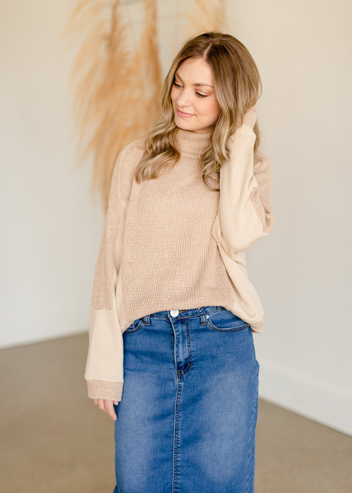 Turtle Neck Color Block Knit Long Sleeve Top - FINAL SALE Tops Paper Crane