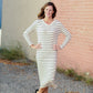 V-Neck Henley Long Sleeve Ribbed Stripe Midi Dress Dresses Tea N Rose