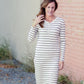 V-Neck Henley Long Sleeve Ribbed Stripe Midi Dress Dresses Tea N Rose