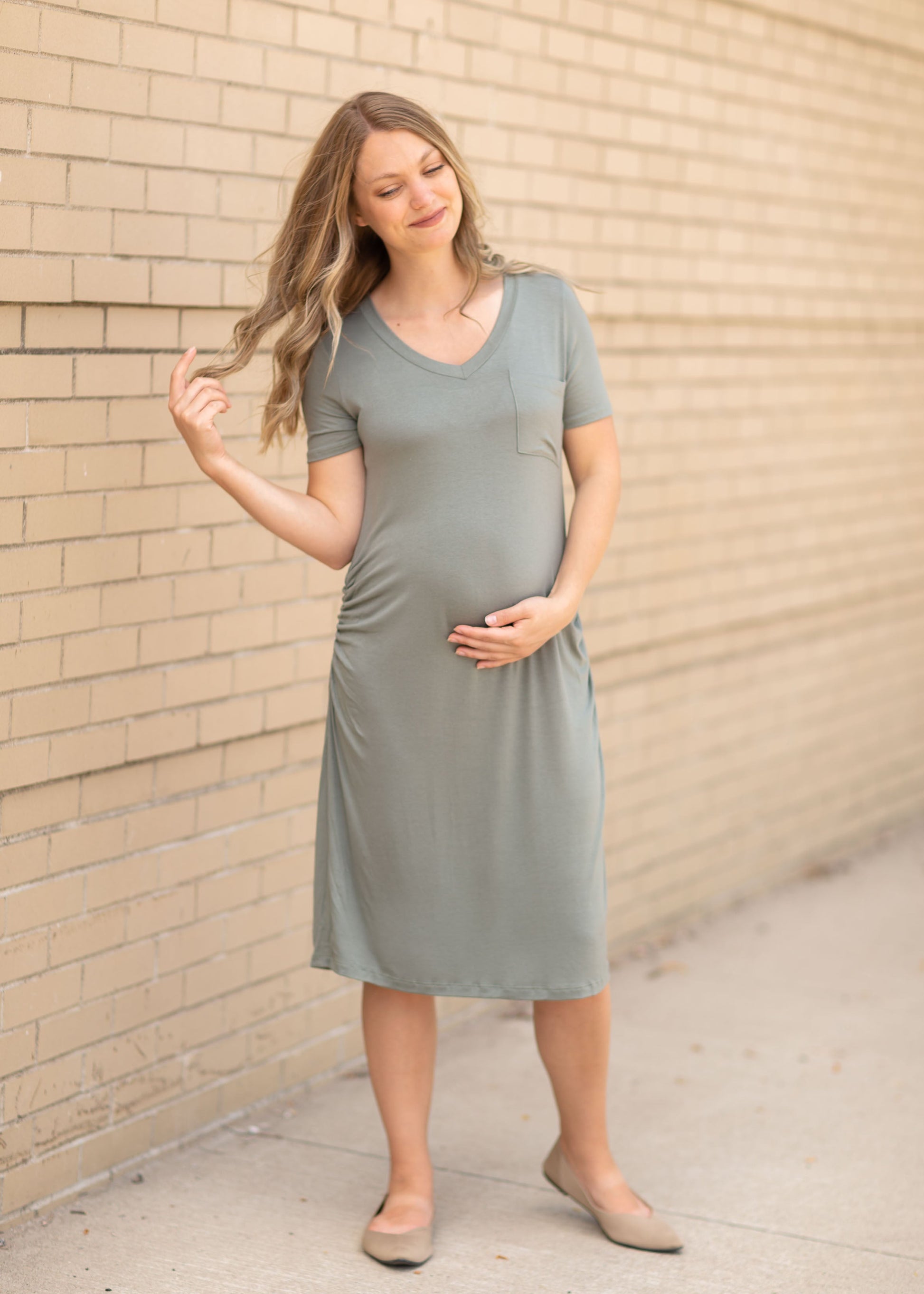 V-Neck Side Cinched Maternity Dress Dresses