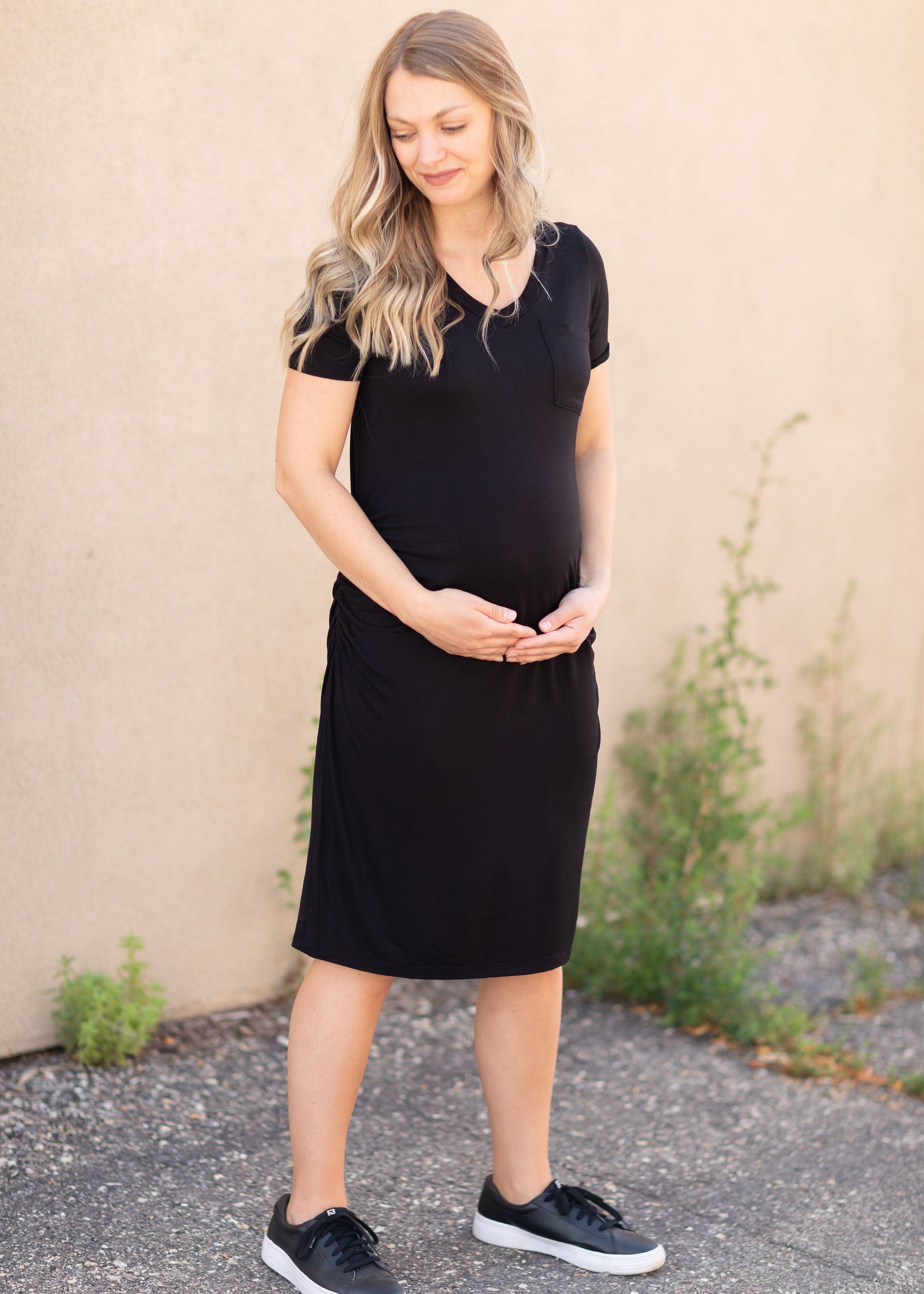 V-Neck Side Cinched Maternity Dress Dresses Black / S