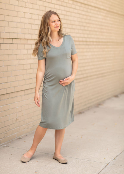 V-Neck Side Cinched Maternity Dress Dresses Olive / S