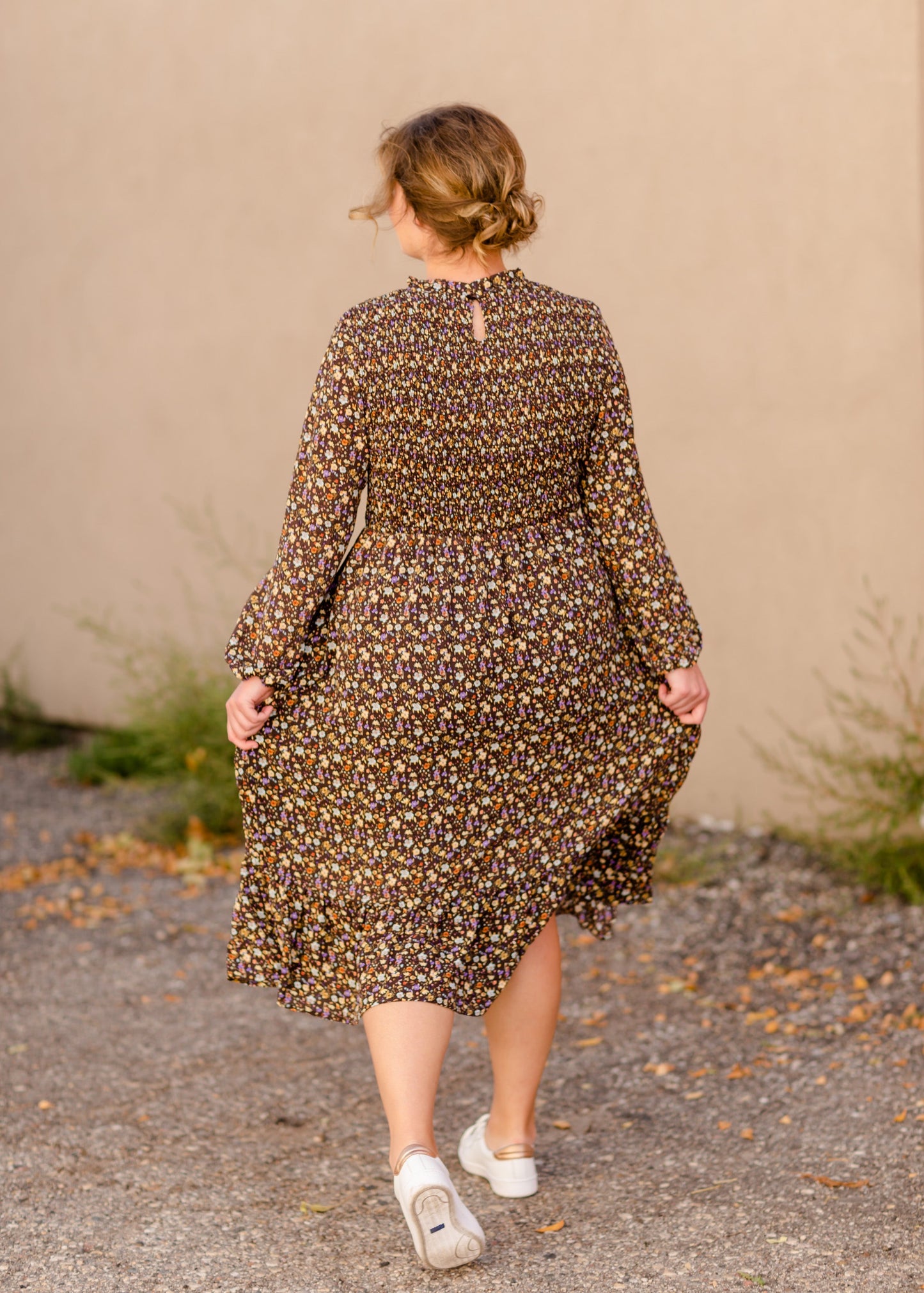 Vintage Long Sleeve Smocked Top Midi Dress Dresses