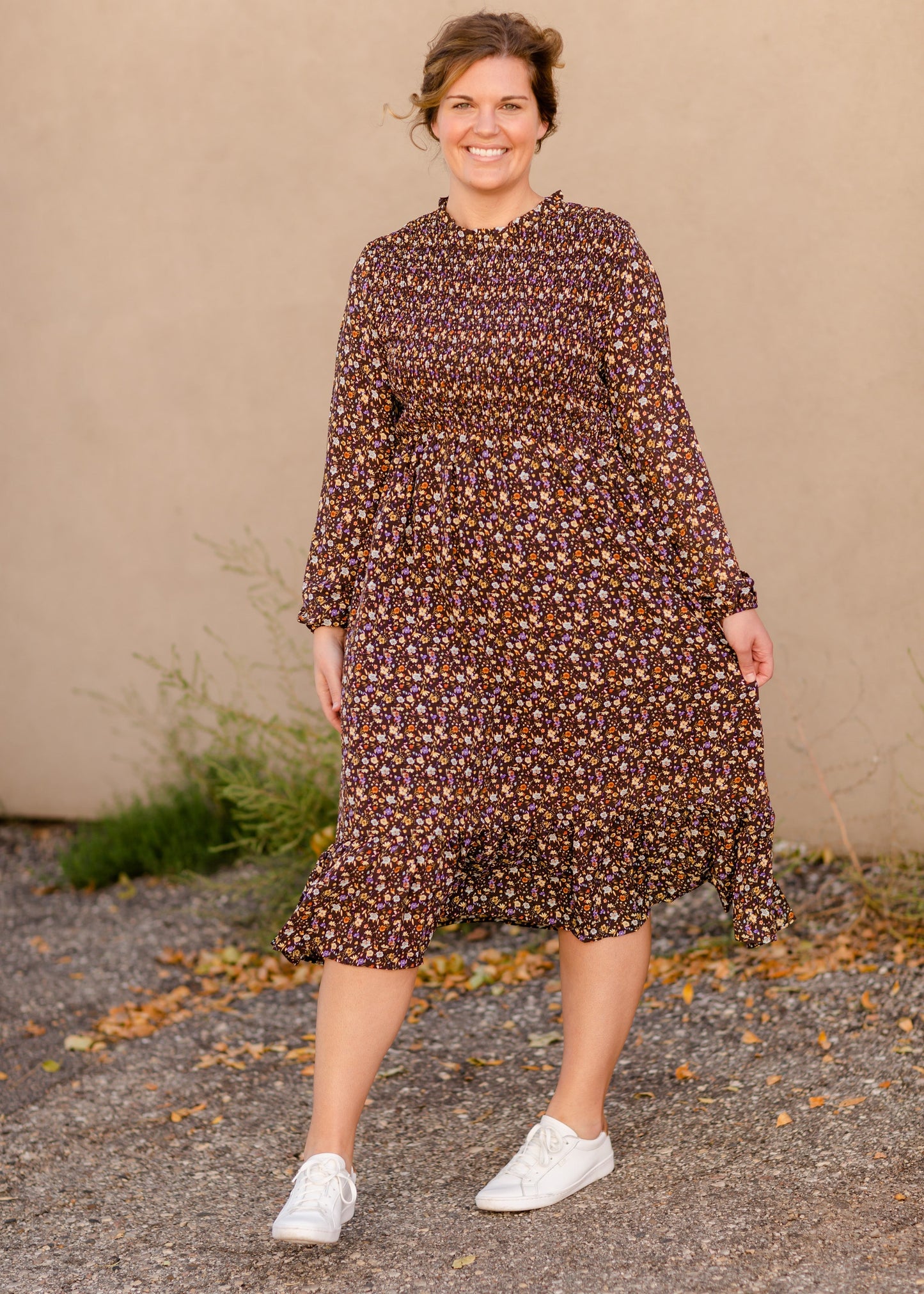 Vintage Long Sleeve Smocked Top Midi Dress Dresses Brown / S