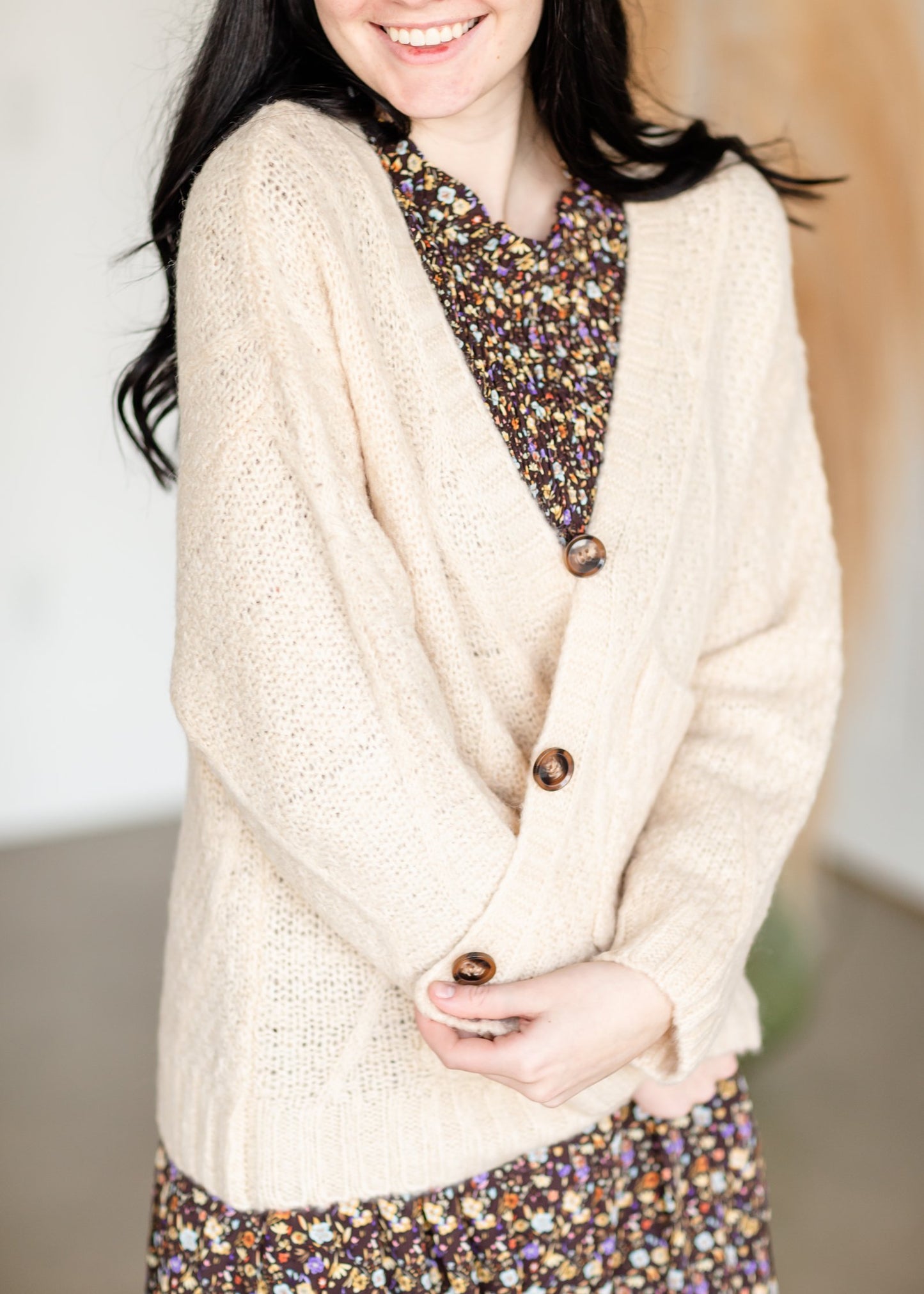 Vintage Soft Cable Knit Long Sleeve Button Front Cardigan Tops Tulip B Oat / S/M